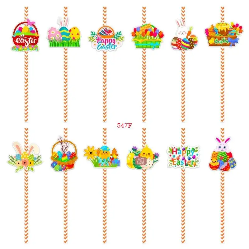 547F 24pcs Easters Themed Stripe Paper Straw for Picnics Eggs Rabbits Biodegradable Drinking Straw Birthday Party Supplies
