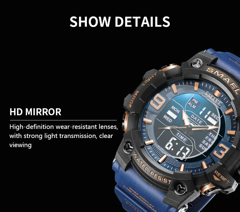 Smael Uhr Sport LED Licht Wecker Dual Time Display wasserdichte Woche Auto Datum Armbanduhren Quarz – Detail 11