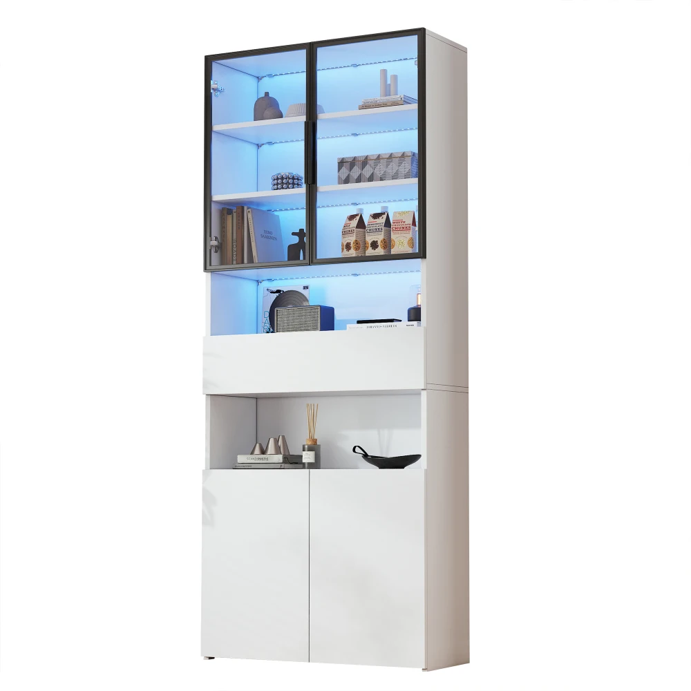 70*30*200cm Vitrine, Vitrine mit Schubladen und Schränken, mit Glastüren und LED, und offenem Stauraum, Bücherregal – Detail 8