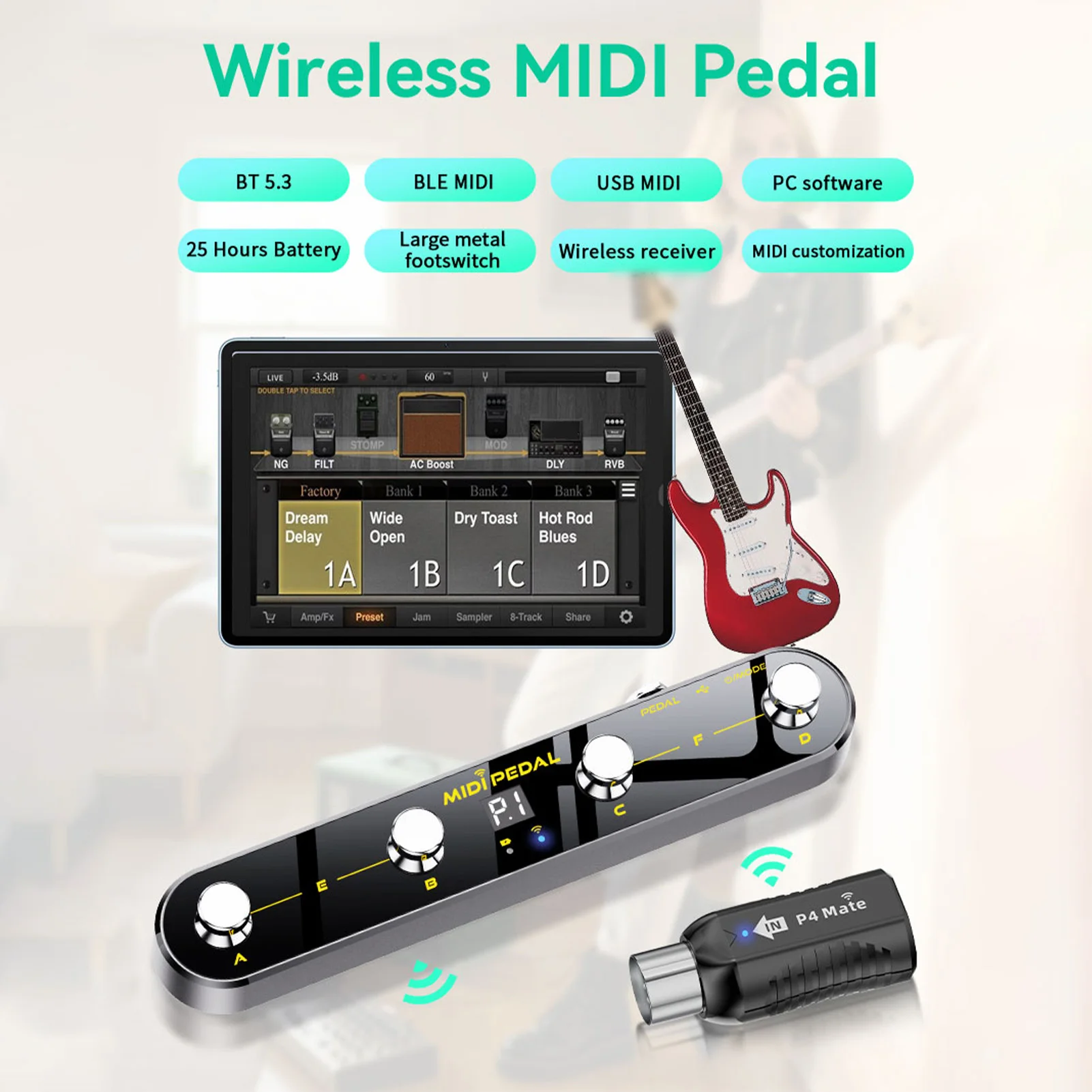 Wireless MIDI Controller Pedal 5 Modes Digital Display 25Hrs USB Footswitch Metal Switch Wireless Receiver for Mixer Electric