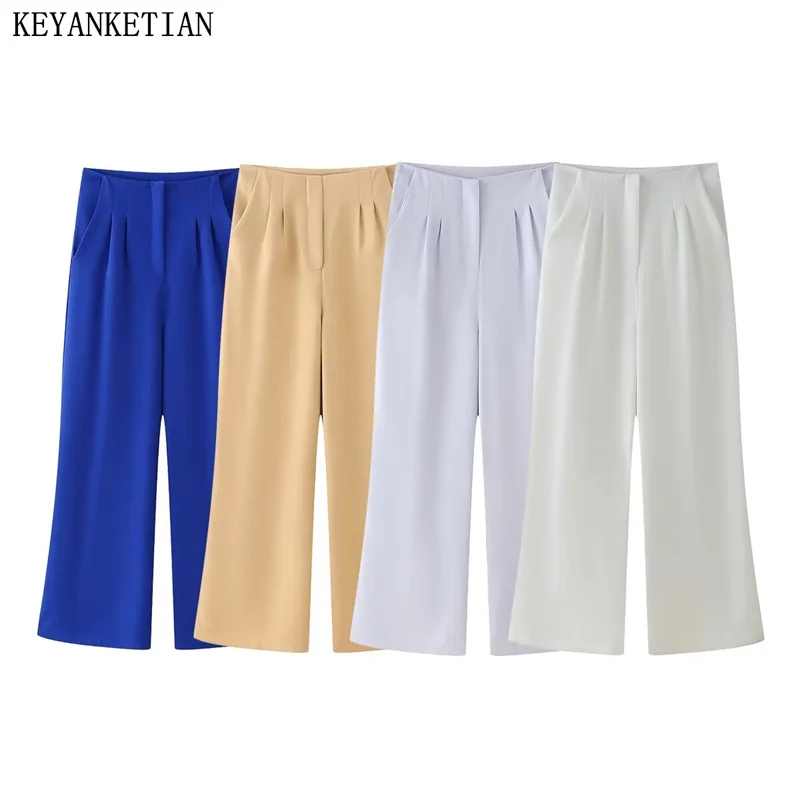 

KEYANKETIAN 2024 New Launch Women Zipper High-waisted Wide leg Pants Solid color Office Lady Loose Simply Leisure Long Trousers