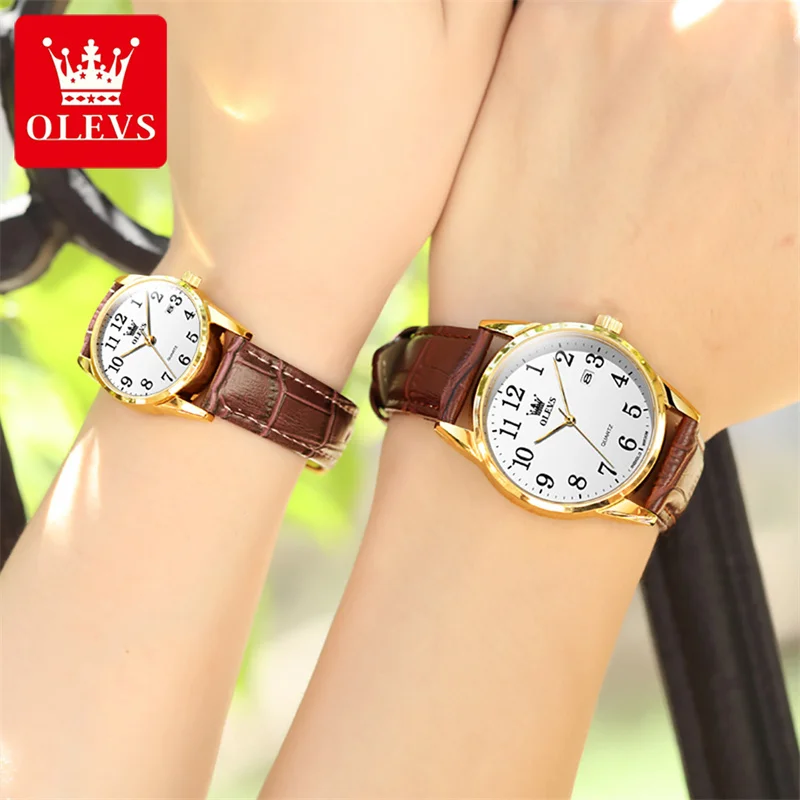 OLEVS Brand Lovers Watch Fashion Leather Waterproof Calendar Casual Simple Couple Quartz Watches for Men Women Elegant Clock