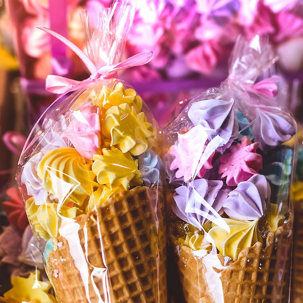 50/100 Stück Kegel-Leckerli-Beutel, durchsichtige Kegel-Süßigkeitsbeutel mit gedrehten Bändern, Snack-Popcorn-Zellophan-Leckerli-Beutel, Babyparty-Party-Gefälligkeiten-Beutel – Detail 13