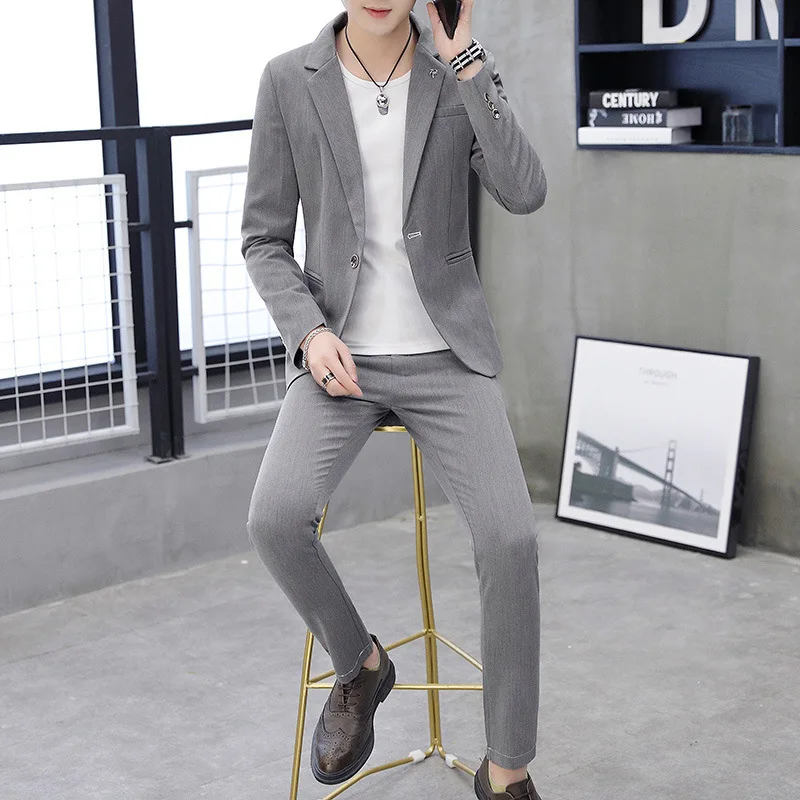 Casual Men Suits Blue White Black One Button Business Banquet Work Wear Elegant Slim Fit Blazer Jacket And Pant Male 2 Piece Set