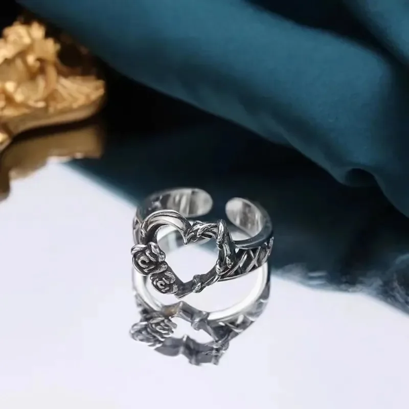 Retro Rings Rose Love Heart Hollow Out Ring Y2K Silver Color Simple Fashion Adjustable Opening Alloy Rings for Unisex
