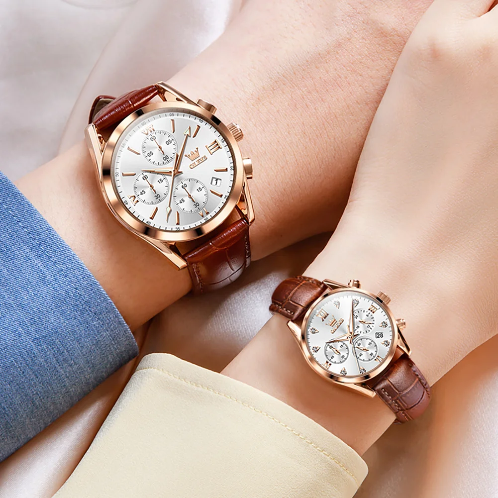 OLEVS Couple Watch for Men Women Waterproof Quartz Wristwatch Leather Strap Chronograph Design Lover's Watch Gifts