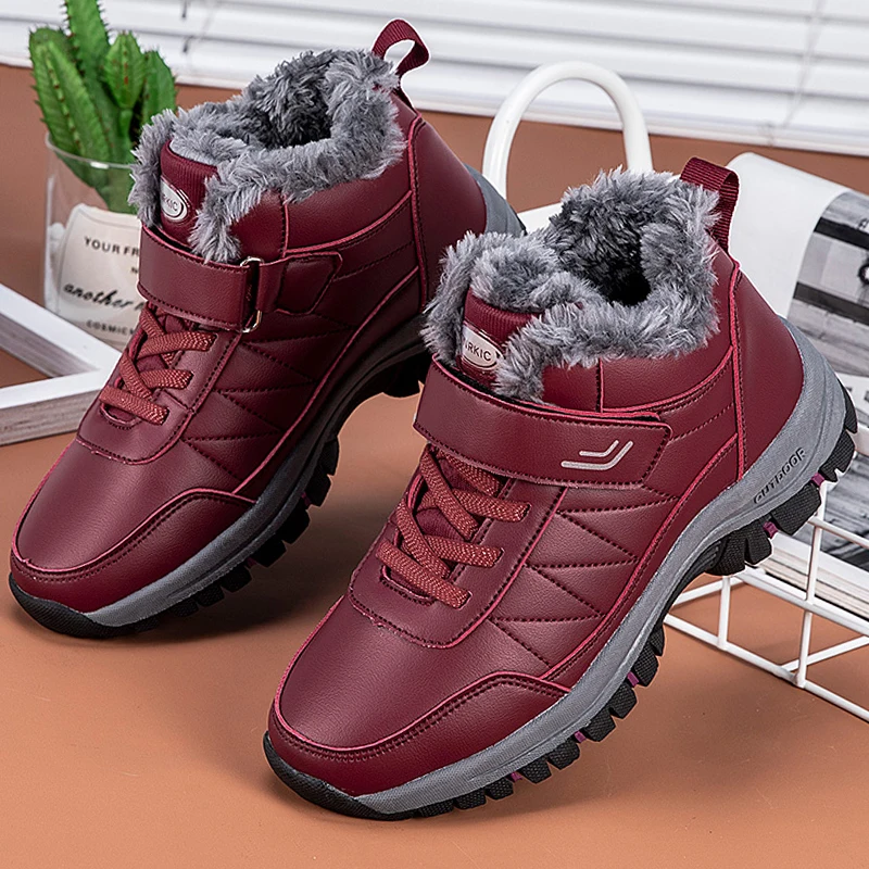 Winter Women Men Boots Waterproof Leather Boots Man Plush Warm Sneakers Man Outdoor Ankle Snow Casual Shoes Big Size