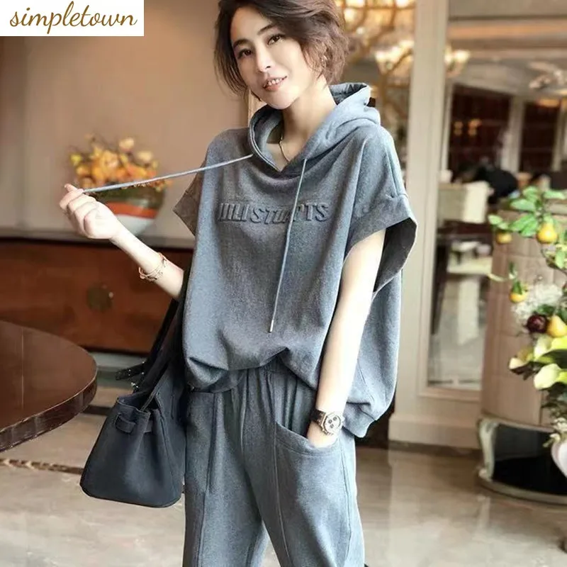 

2023 Spring/Summer Korean New Sport Set Women's Casual Fat Mm Short Sleeve Elastic Casual Pants Two Piece Set