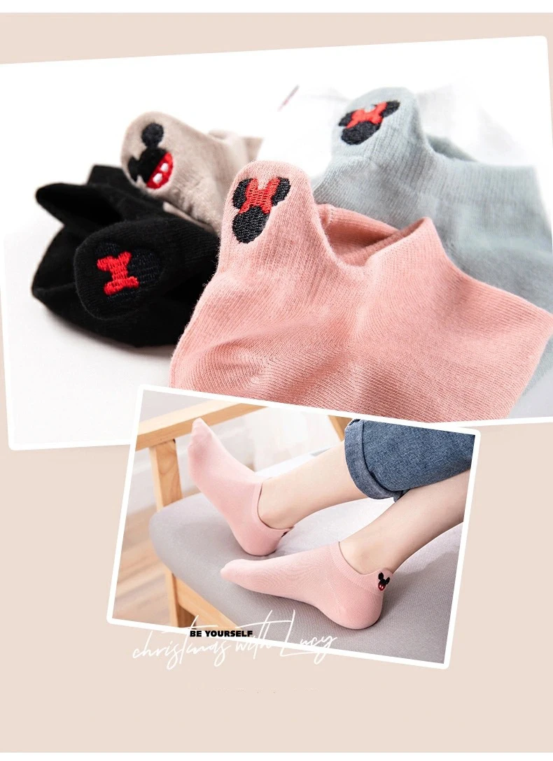 1 Paar Cartoon-Socken, niedrige Bootssocken, Cartoon-Stickerei, Maus-Knöchelsocken, Damensocken, Baumwolle, niedrig geschnitten, Kawii, Größe 36–40 – Detail 3