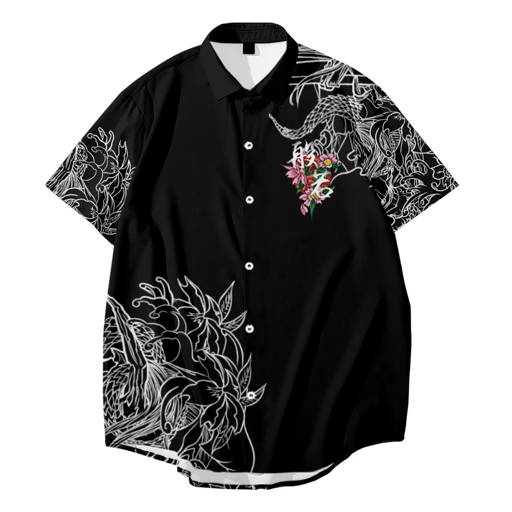 Men Hawaiian Shirt men hawaiian shirt Japanese Style Demon Print Shirt Fashion Summer Short Sleeve Harajuku Anime Men Oversized Clothing
