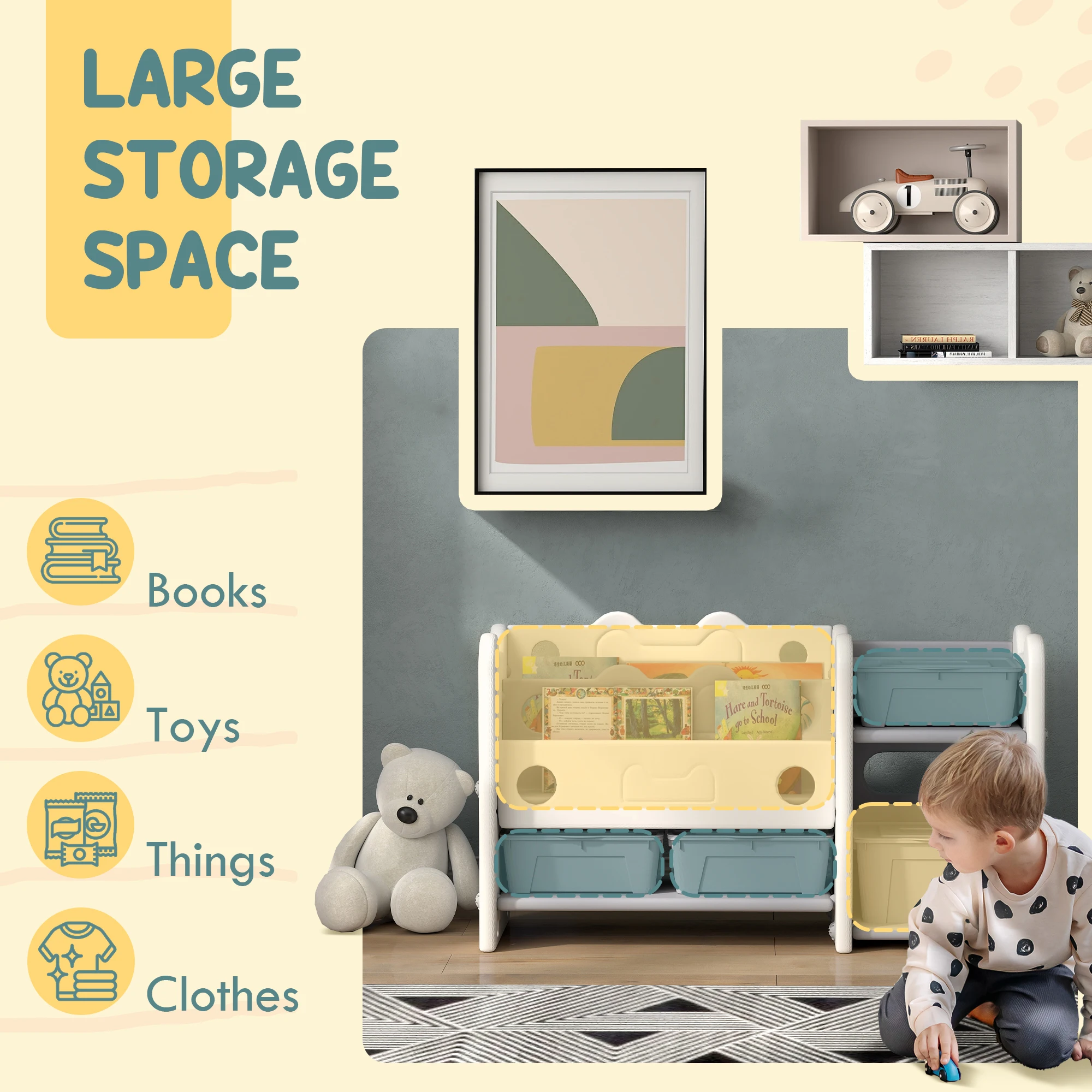 Qaba Kids Toy Storage with 4 Storage Boxes, Bookshelves, Cream White 4