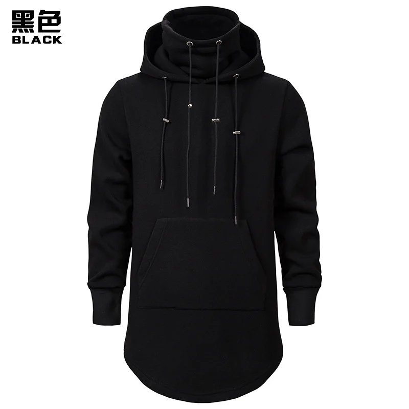 Men's Slim Long Section High Collar Hooded Sweatshirt Cotton Casual Pullover