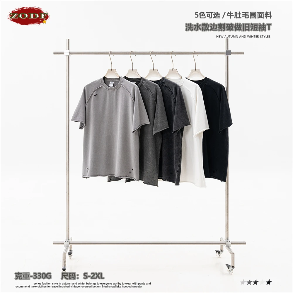 ZODF 2025 Men Summer Heavy Weight Washed 330gsm Cotton T-shirt Unisex High Street Distressed Holes Oversized T Shirts Tee HY0984 5