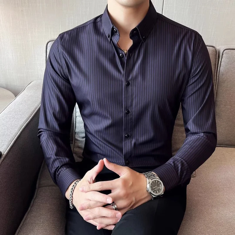 

Fashion Business Slim Fit Men's Striped Shirts Korean Designer Long Sleeved Men Shirt Office Formal Camisa Social Masculinas 4XL