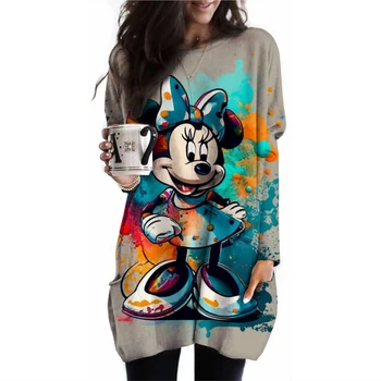 T-shirt da donna Top a maniche lunghe stampato Disney Topolino per l'autunno pullover tascabile a maniche lunghe allentato quotidiano per com da donna 1