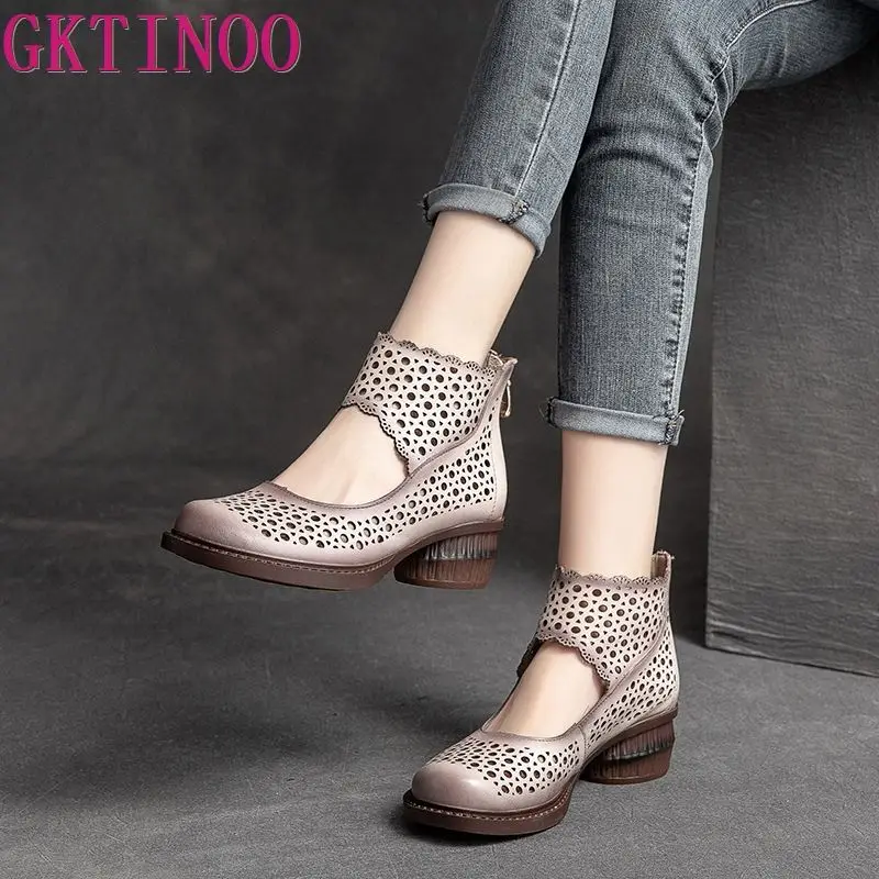 

GKTINOO 2023 New Fashion Sandals Women Shoes Hollow Summer Sandals Genuine Leather Shoes High Heel Woman Sandals