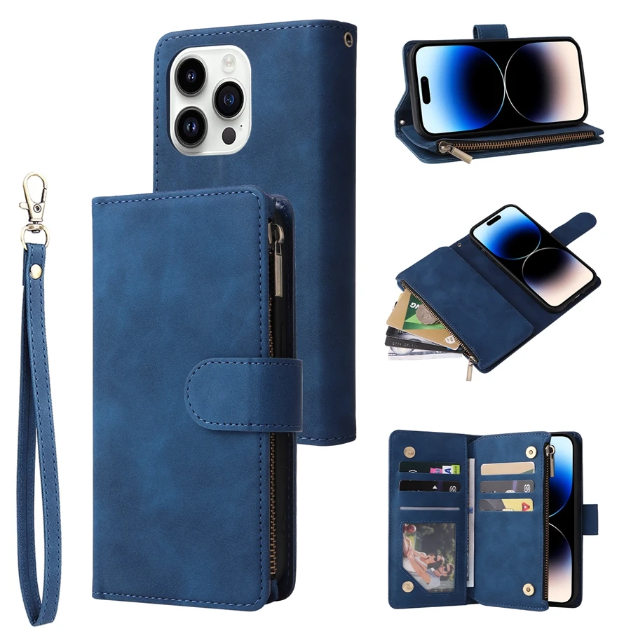 Luxurious Multi-Card Zipper Magnetic Flip Leather Wallet Case