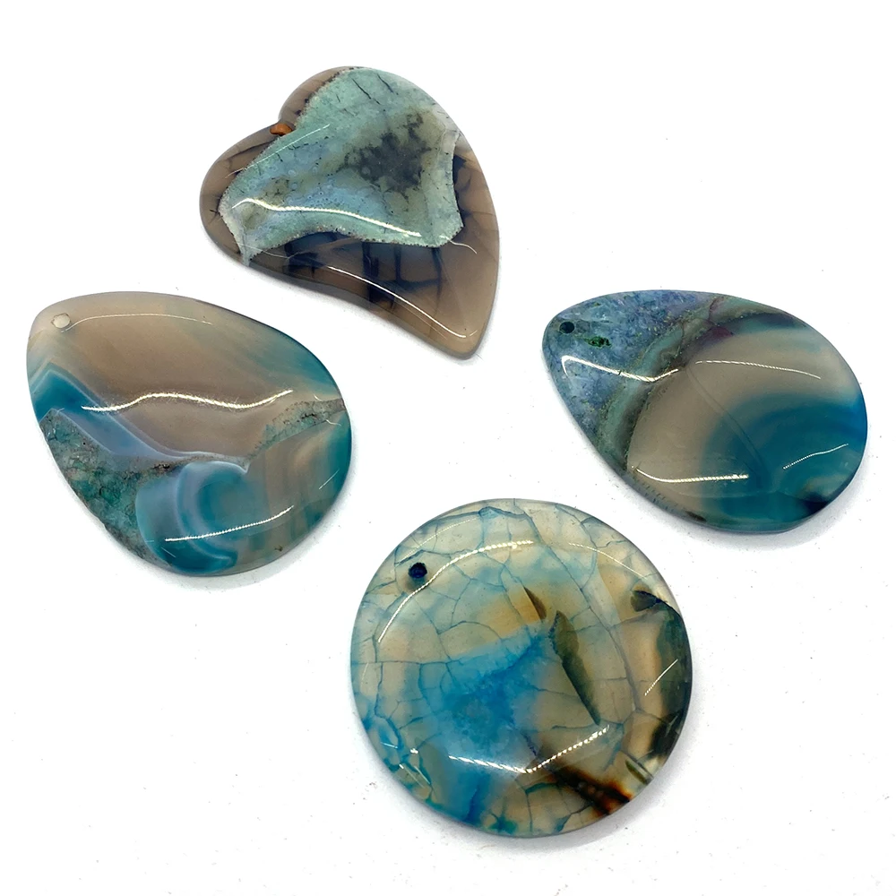5pcs/pack Natural Onyx Charm Blue Sea Pattern Agate Pendant Hole Color Sliced Quartz DIY Jewelry Necklace Earring Accessories
