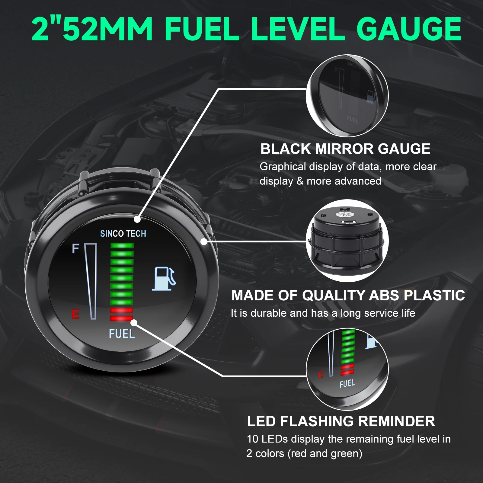 12V Automotive Motorrad Kraftstoffanzeige Elektronische LED-Anzeige Kraftstoffstand Moto Meter Autoanzeige 2" 52mm Schwarz mit Kraftstoffstandsensor – Detail 4