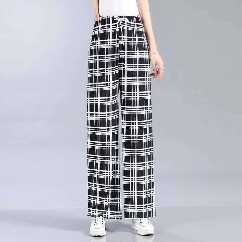 2023 Spring and Autumn Women's High Waist Drawstring Folds Plaid Loose Patchwork Fashion Casual Elegant Commuter Wide Leg Pants