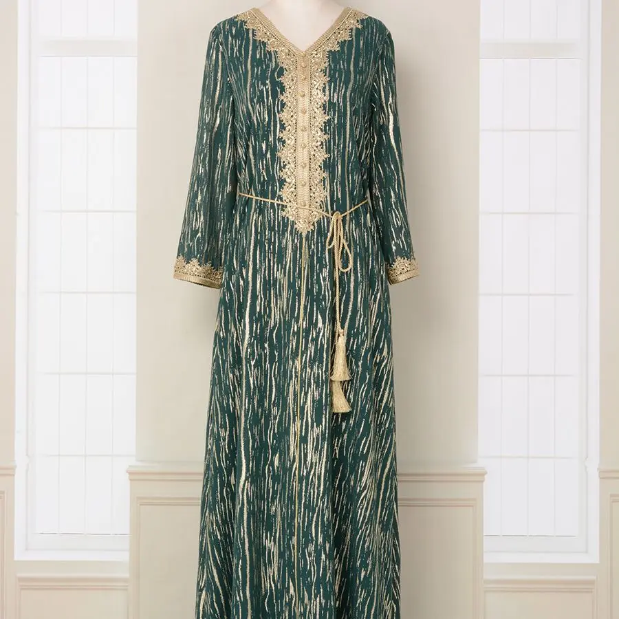 Abaya Women Dress V-neck Single Breasted Decoration Slim Fit Bottom Fabric Gold Stamping Fashion High End Robe