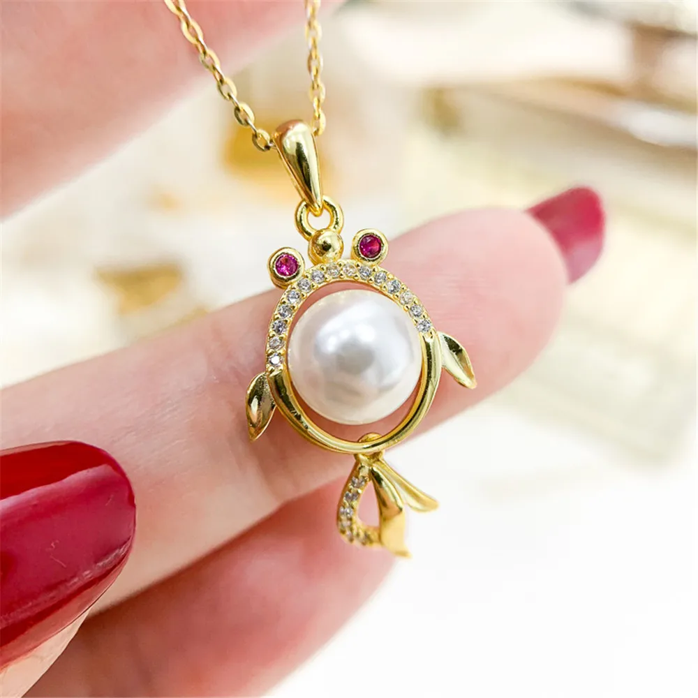 

DIY Pearl Accessories S925 Sterling Silver Pendant with Empty Holder Gold Silver Goldfish Necklace Pendant with 7-8mm Beads