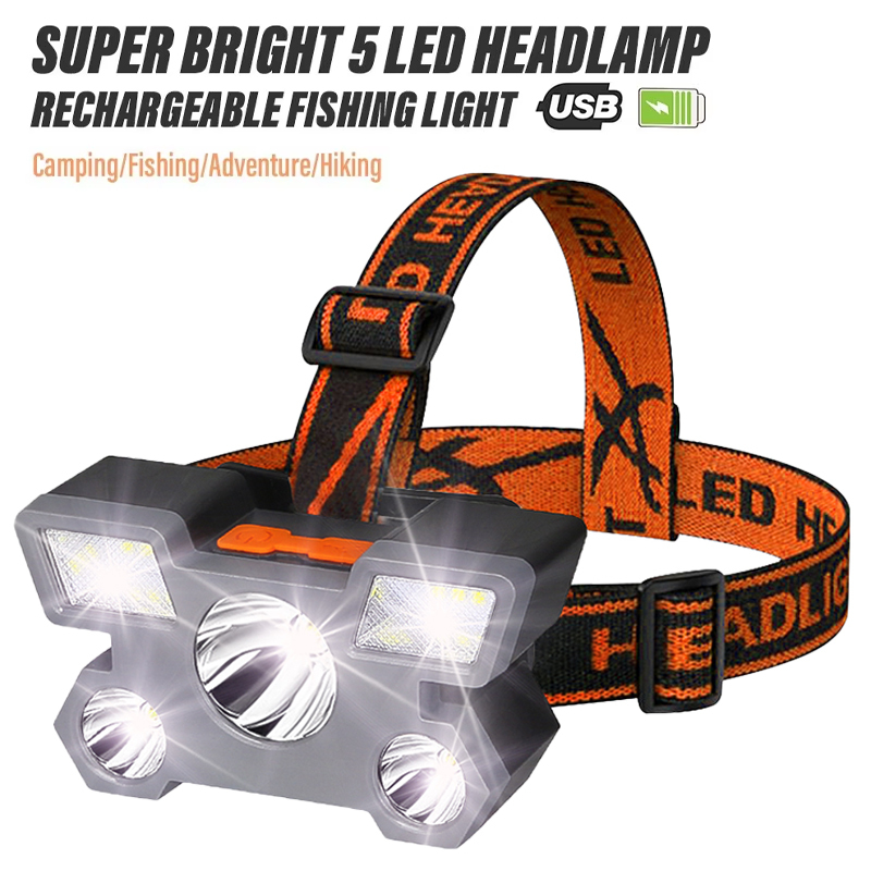 High Power Led Headlamp,5Led Super Bright Rechargeable Fishing Camping Light,Long Distance Head Mounted Mining Lamp, Flashlight