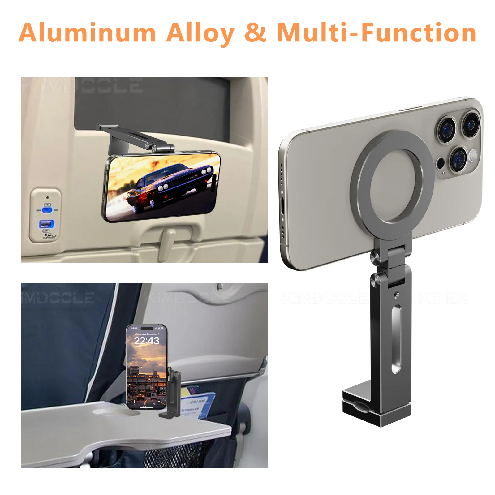 Airplane Phone Holder Adjustable Magnetic Phone Stand for Travel Selfie Rotating Desk Clamp Portable Foldable Universal Mount