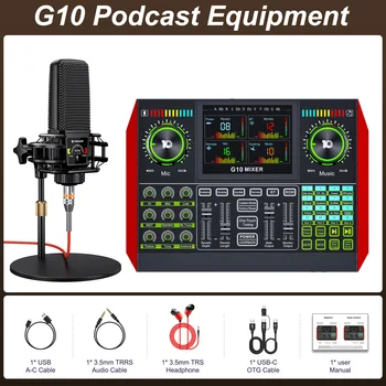 Tenlamp 6 Channel Live Sound Card Audio Mixer with 3.5mm Mic XLR Gaming Interface,  G10-PKPRO Podcast Equipment Bundle Kit RGB DJ Effects for PC Smartphone Laptop Singing Streaming Recording YouTube Vlog