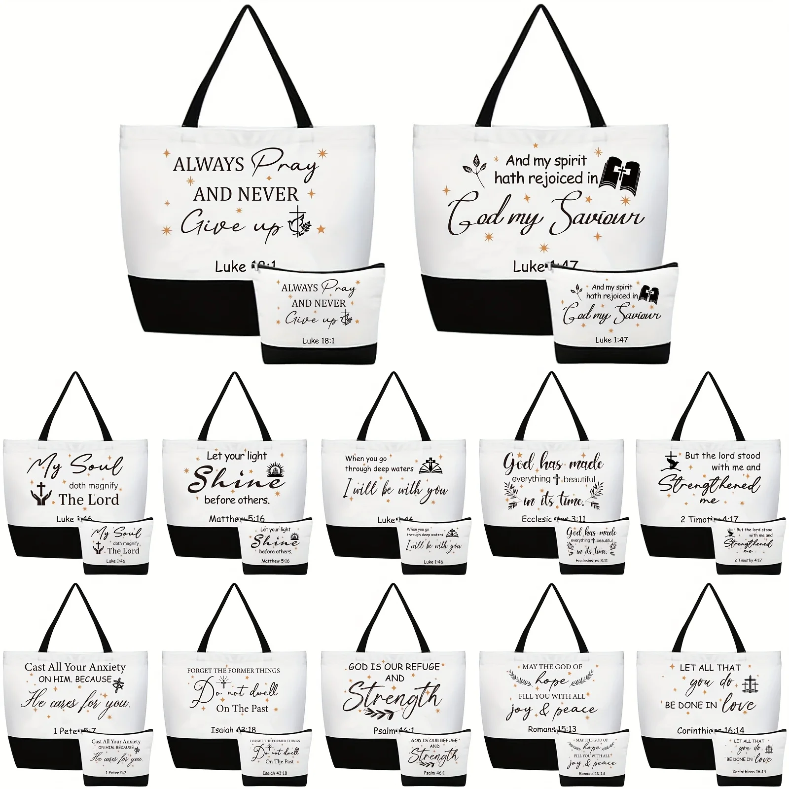 Gift for Her/Him 24pcs Christian Canvas Tote Bags for Women with Makeup Bags Reusable Large Canvas Bags Bible Verses 1