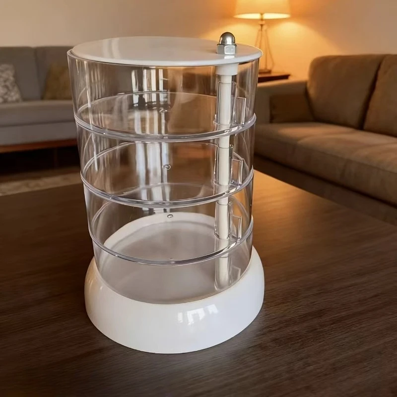 Rotating Multi-Layer Transparent Storage Box with Transparent Dome Lid | White Base and Transparent Shelves, Dust-Proof Design