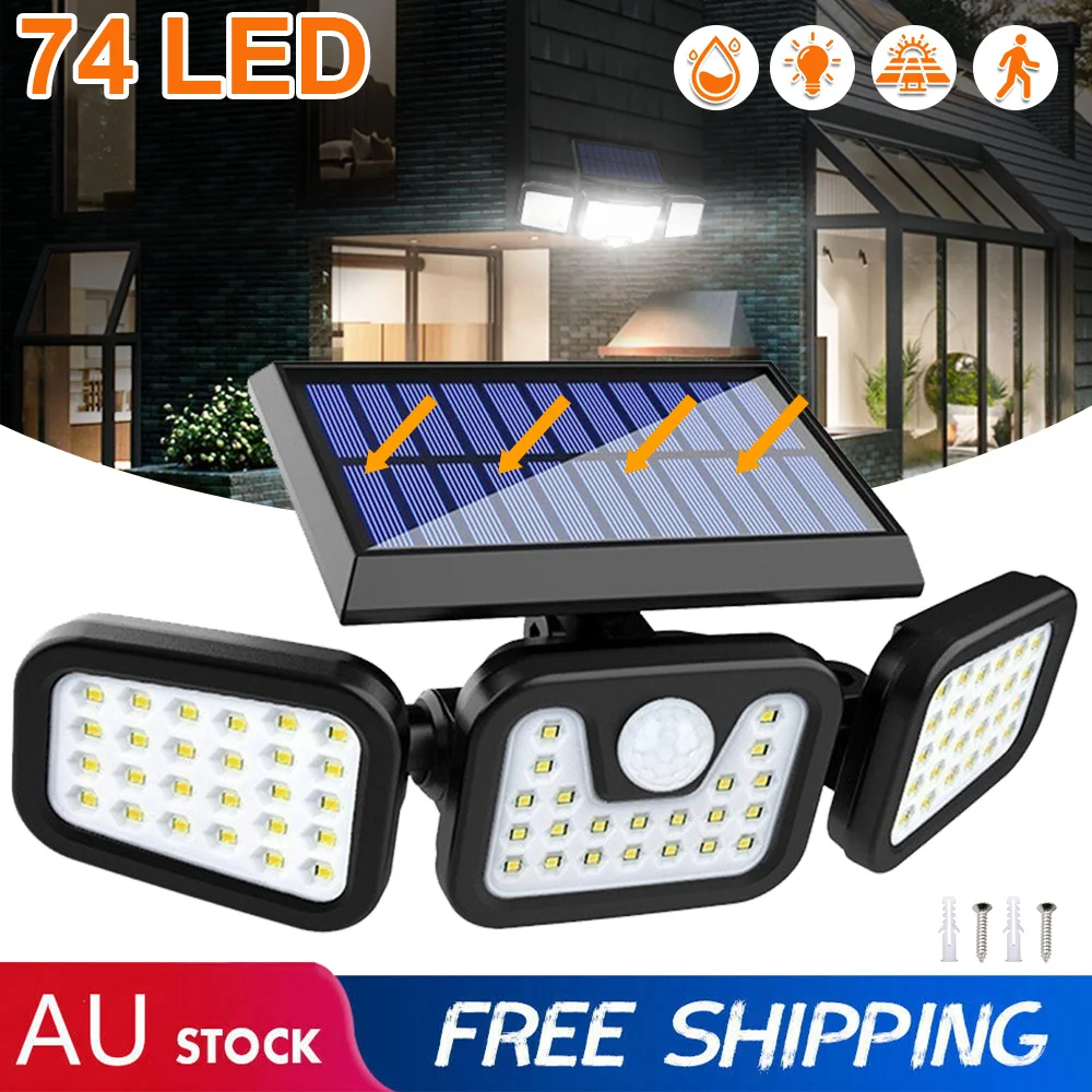 74 LED 3 Head Solar Motion Sensor Light Outdoor Garden Wall Security Flood Lamp