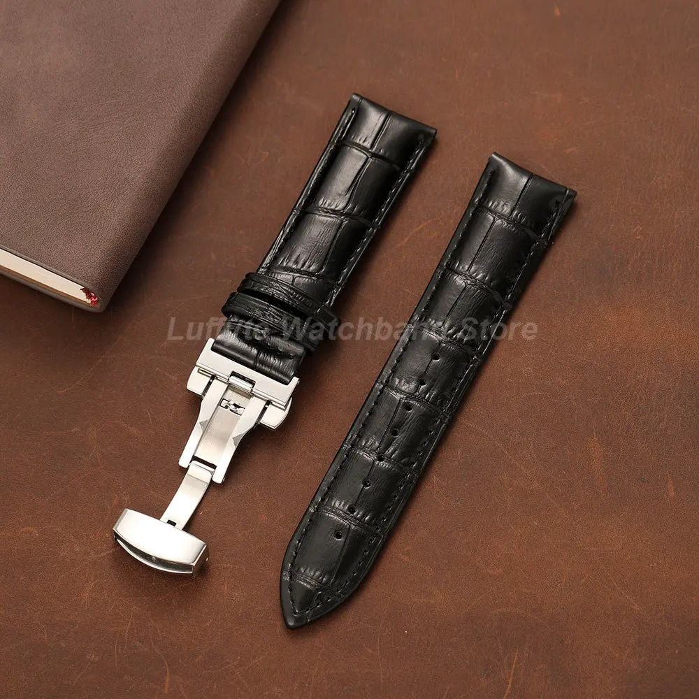 Men's Embossed Leather Watch Band with Butterfly Clasp - Fashionable and Comfortable Replacement Strap