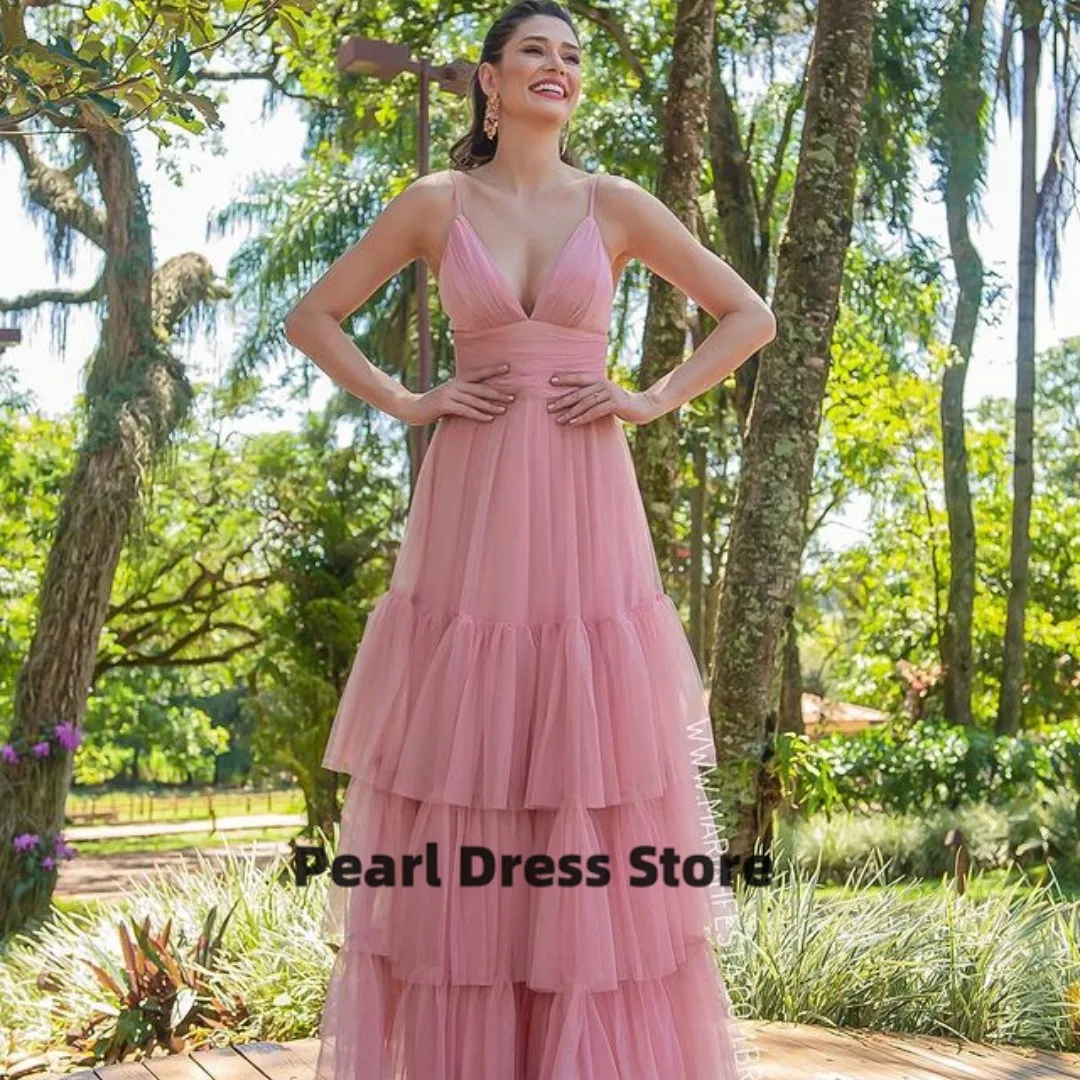 

Party prom dress ES with zipper back powder blusher pink V-neck thin shoulder strap elastic satin A-line slit evening dress cust