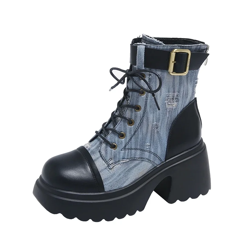 

Женские ковбойские ботинки на платформе, повседневные ботильоны 7,5 см, мотоциклетная обувь для ходьбы, Осень-зима