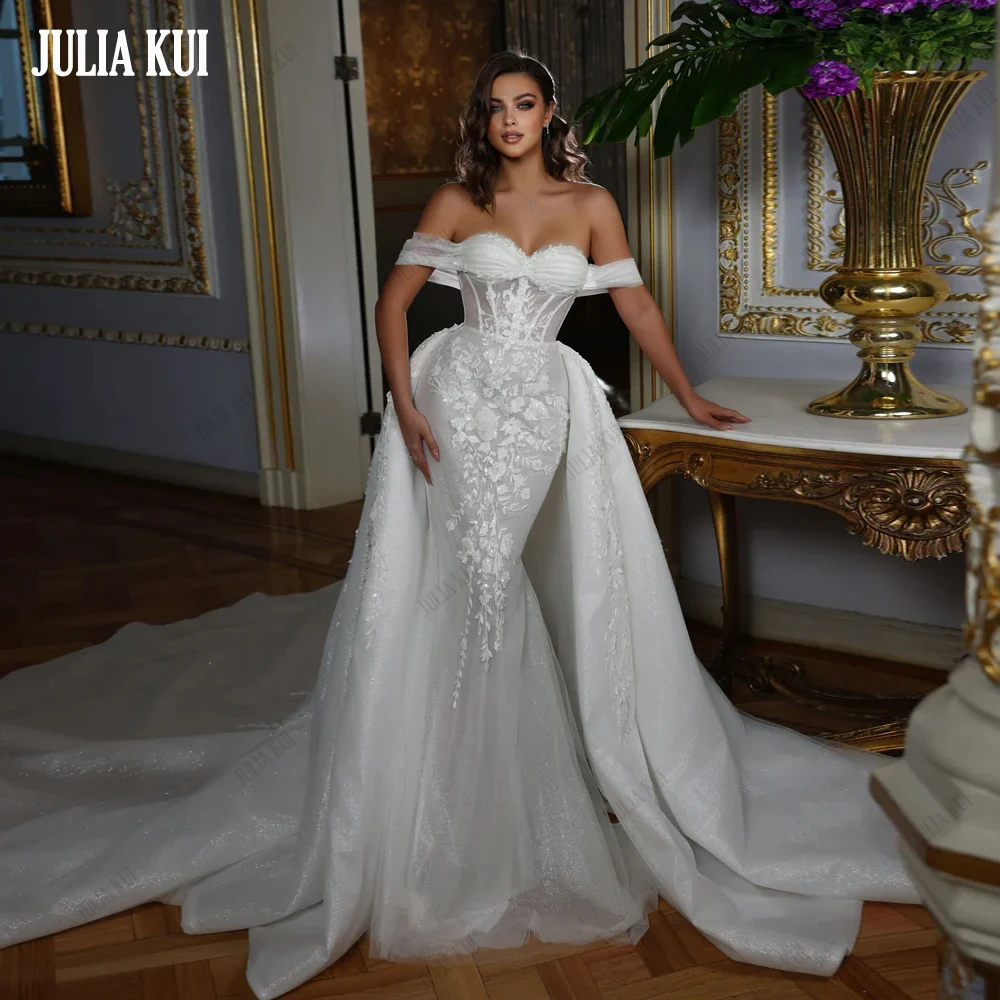 

Julia Kui Bling Appliques lace Sweetheart Mermaid Wedding Dresses Elegant 2 In 1 Off Shoulder Sleeves Women Trumpet Bridal Gowns