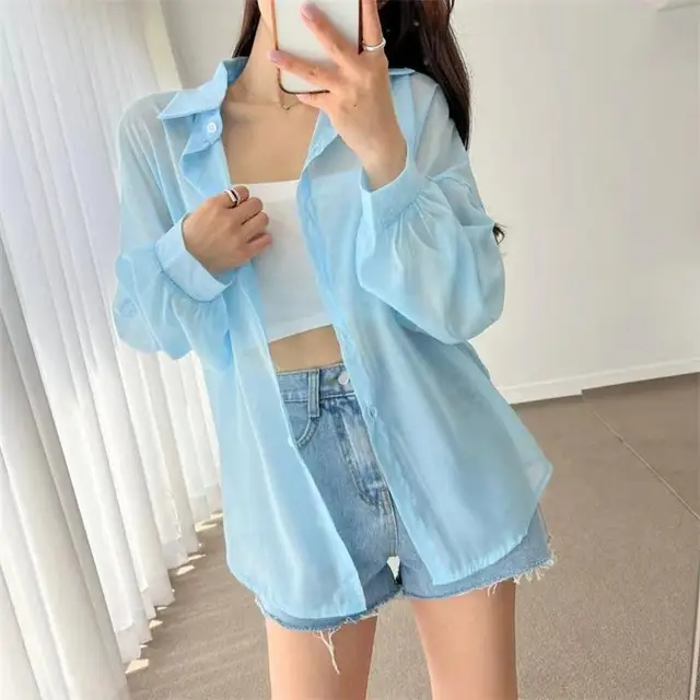 7 Colors Shirts Women Sheer Thin Chic Summer Simple Solid