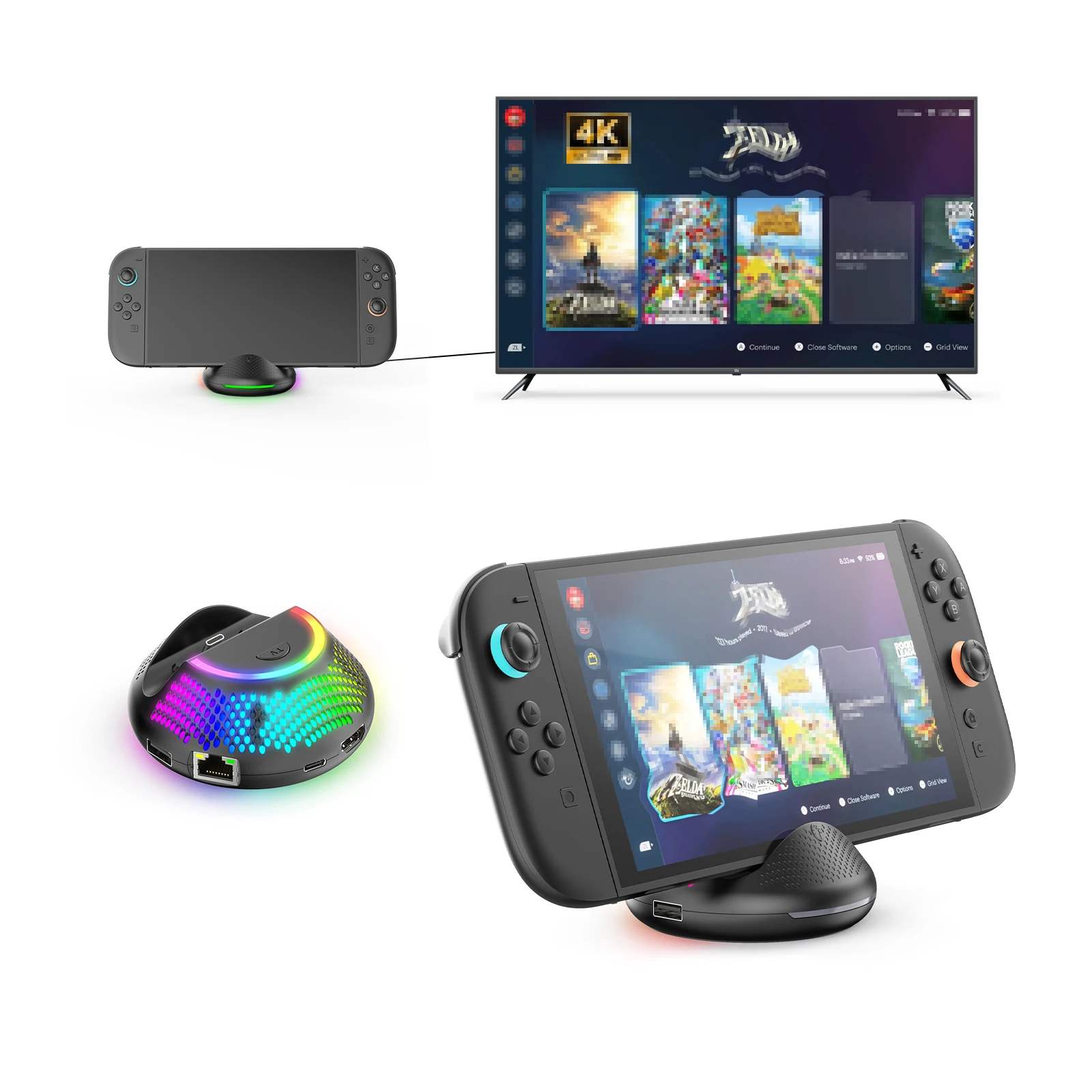 스위치 2용 5 in 1 TV 도킹 스테이션 NS2289, RGB 조명, 4K FHD/2 USB 포트/타입 C 포트, 원형 휴대용 TV 도킹 스테이션