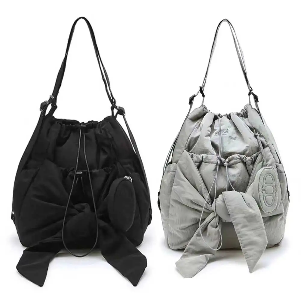 Women Simple Shoulder Bag Large Capacity Bow Drawstring Backpack Solid Color Daily Tote Handbag Ladies Travel Backpack