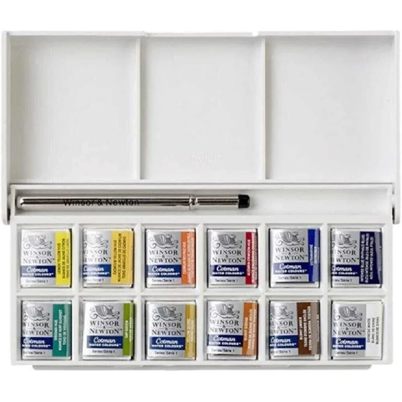 Winsor & Newton Cotman Portable Travel Watercolor Paint 12 Color Solid Water Colour Sketchers' Pocket Box 1 pcs Palette