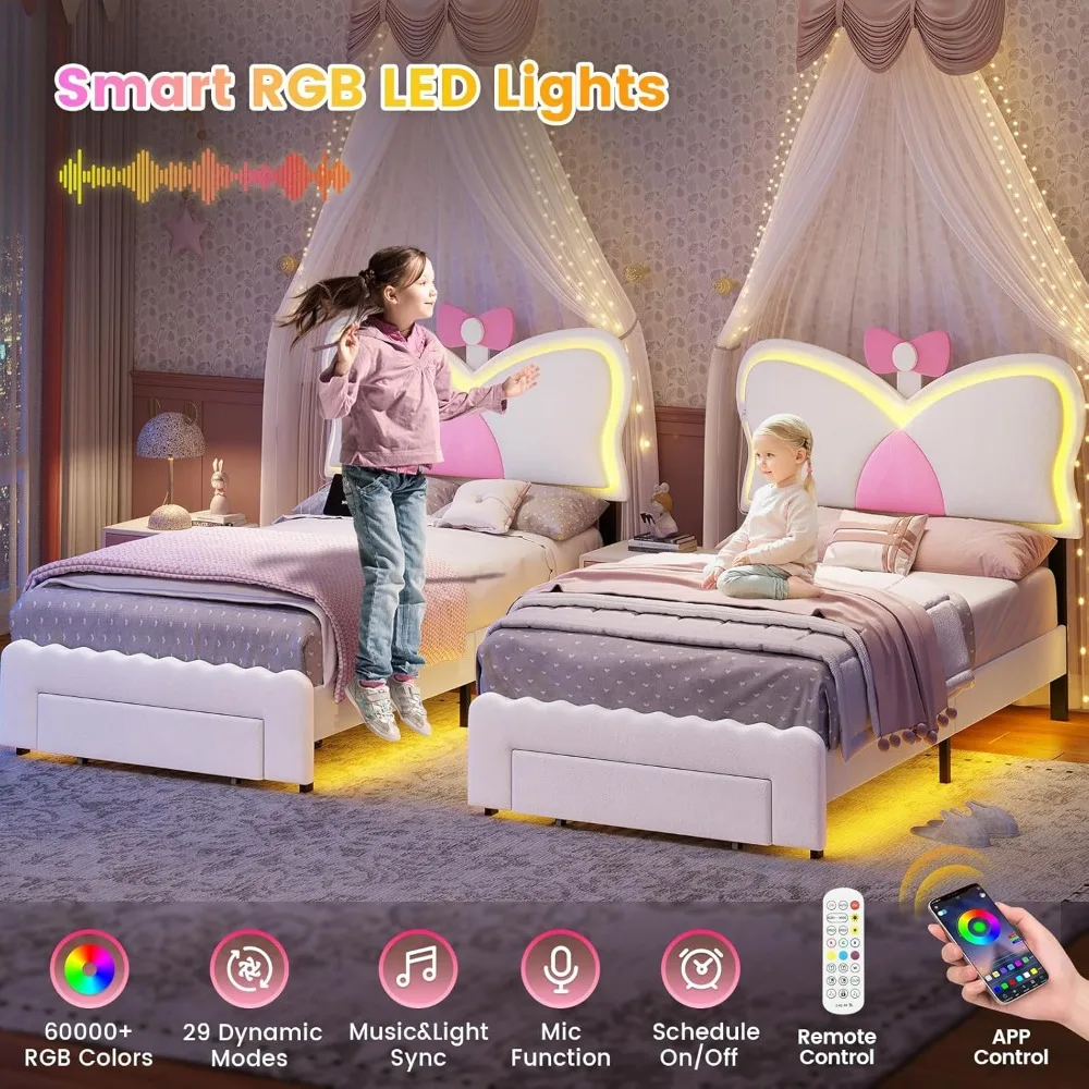 Double Bed Rack with LED Lights and Storage Drawers, Height Adjustable Butterfly Headboard, C-shaped and USB Charging Ports 2