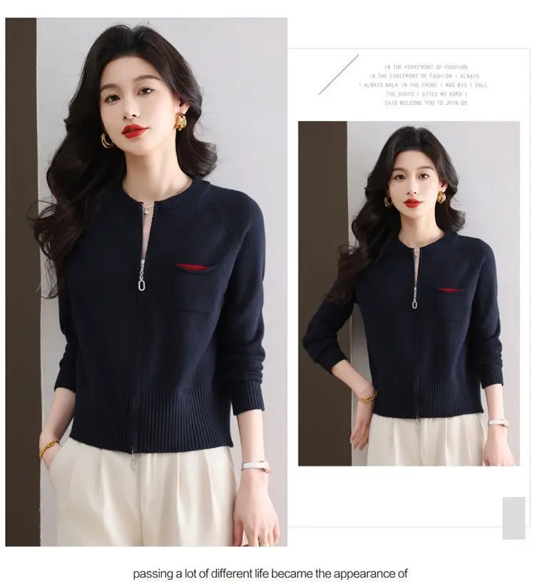 Frühling Herbst Frau Kleidung Zipper Kurze Tops Weibliche Stricken Woolen Pullover Jacke Mode Oansatz Langarm Jumper Mantel – Detail 7