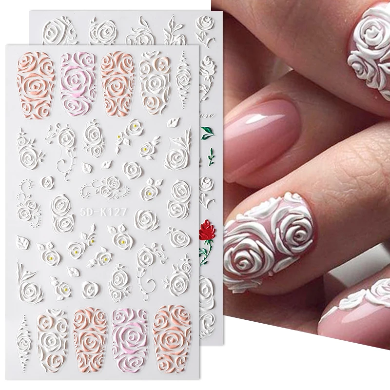 

5D Nail Decals White Embossed Flower Lace Nail Stickers Engraved Butterfly Waves Ribbons Transfer Sliders Decals for Manicure