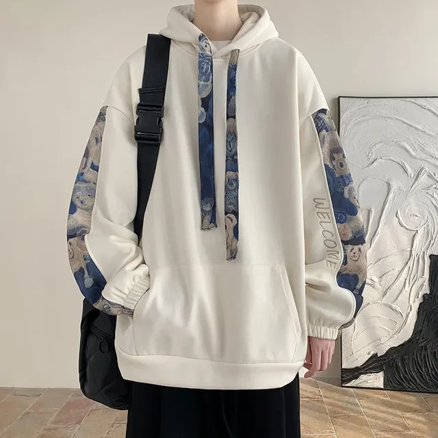 Korean Style Streetwear Men Hooded Sweatshirt Trendy Side Embroidery Design Loose Hoodie Casual Drawstring Hoodies 1