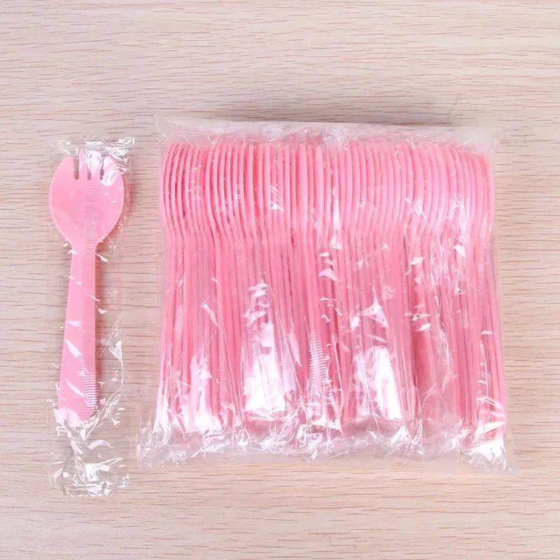 50pcs/pack Colored Plastic Disposable Spoons Ice Cream Dessert fork Birthday Party Mini Flatware Cutlery disposable dessert spoons