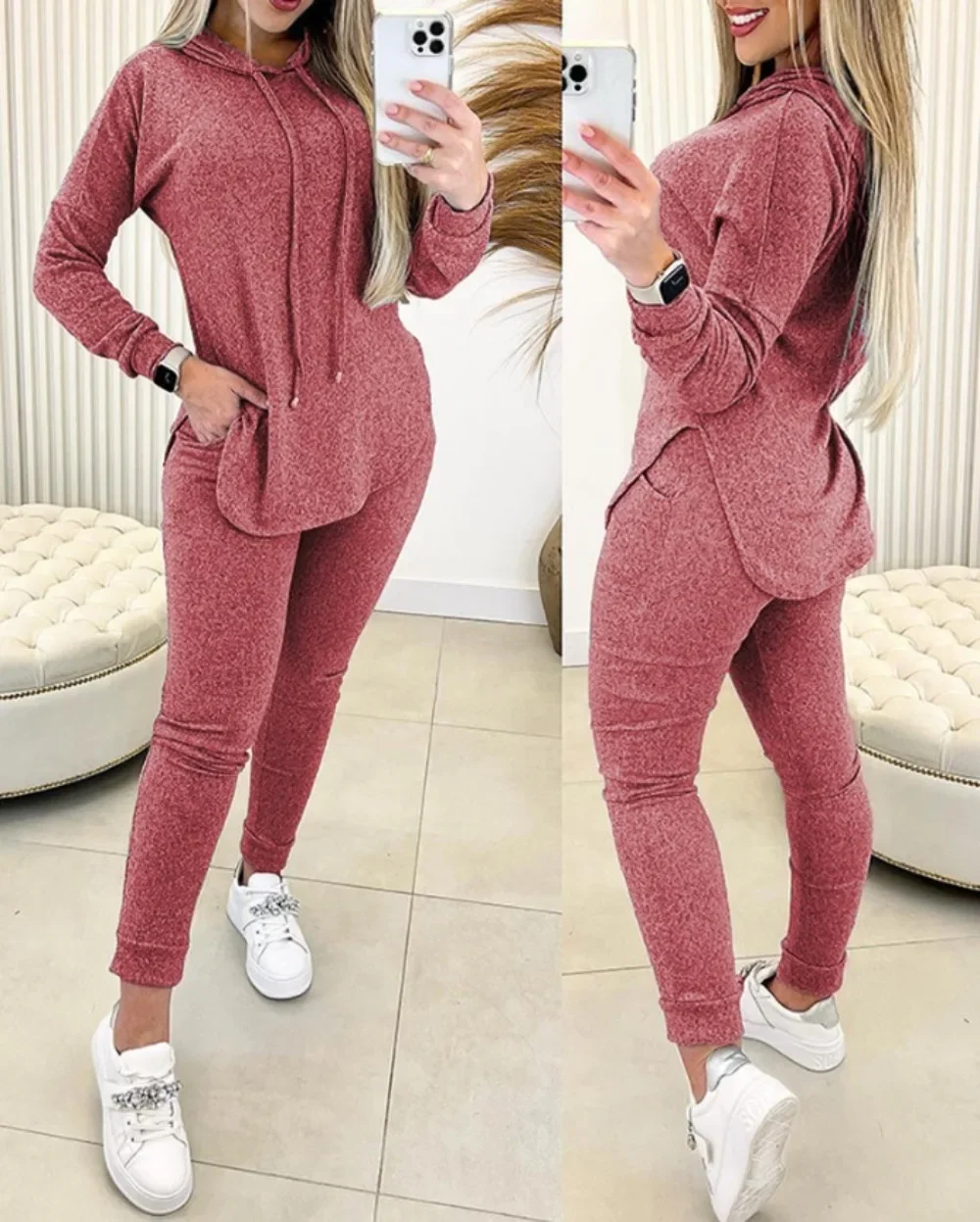 

2023 Autumn Fashion Solid Two Piece Set Women Causal Sports Style Hooded Top Sports Pants Two Piece Set Women