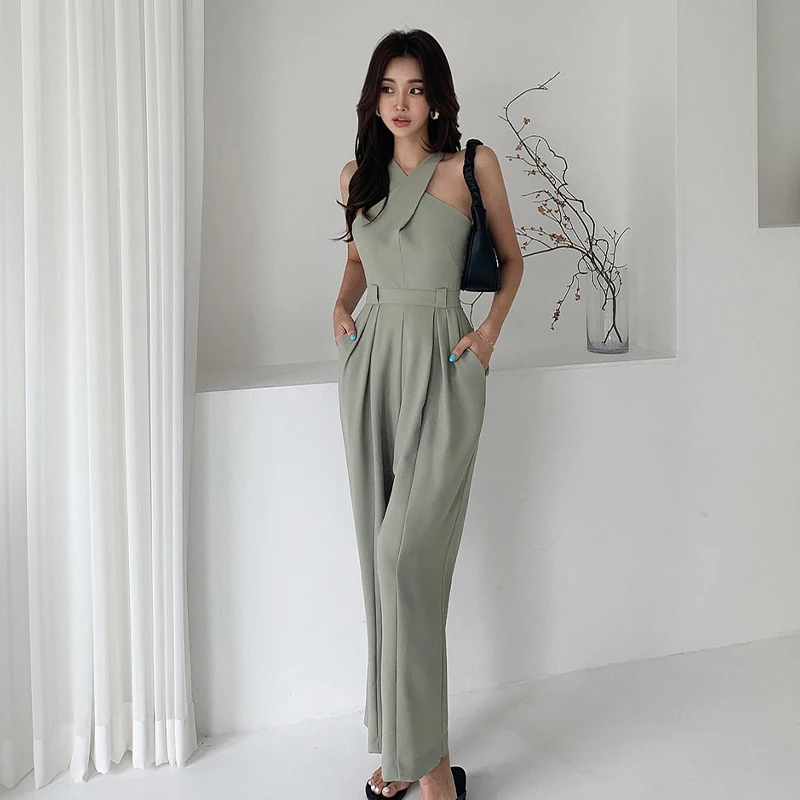 Summer Women Jumpsuit Solid Sleeveless Loose V-neck Full Length Elegant Halter Jumpsuits Spring Female Fashion Casual Streetwear