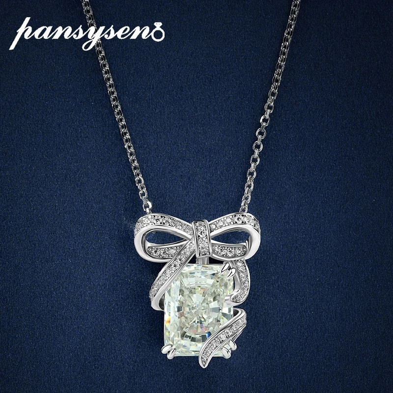 

PANSYSEN Sparkling 925 Sterling Silver 9CT Bow-knot Simulated Moissanite Diamond Pendant Necklaces for Women Luxury Wedding Gift