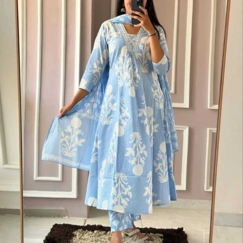Salwar Suit Wedding Birthday Partywear Cotton Printed Kurti Palazzo Dupatta Set