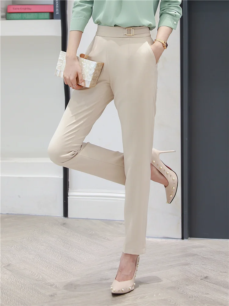 Khaki Pants Women Formal Mid-rise Elastic Waist Pencil Pants Black Pockets  Office Ladies Work Ankle-length Trousers Plus Size - Pants u0026 Capris -  AliExpress